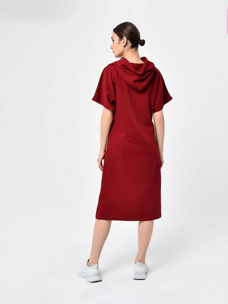 Burgundy Short Sleeve Midi Dress Hoodie