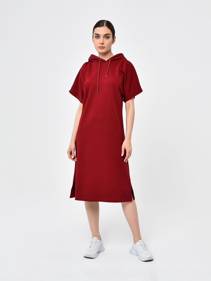 Burgundy Short Sleeve Midi Dress Hoodie