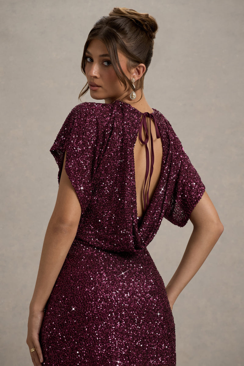 Juno | Berry Sequin Short-Sleeve Cowl-Back Mini Dress