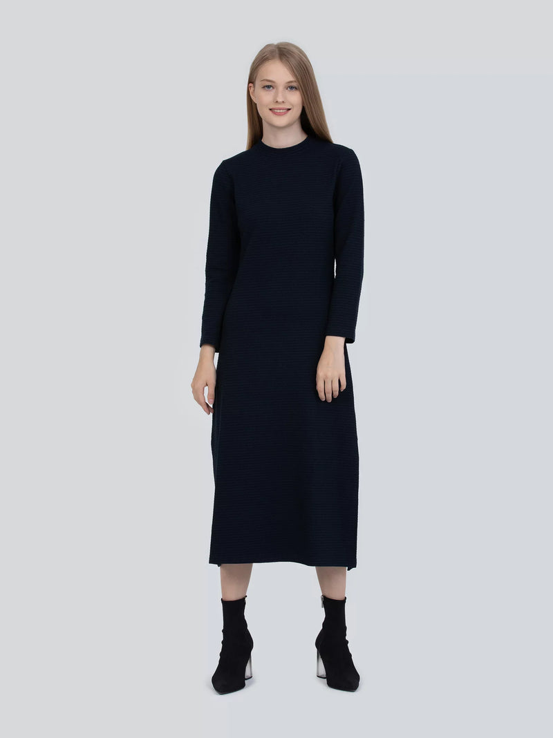 Raised Neck Navy Blue Midi Dress