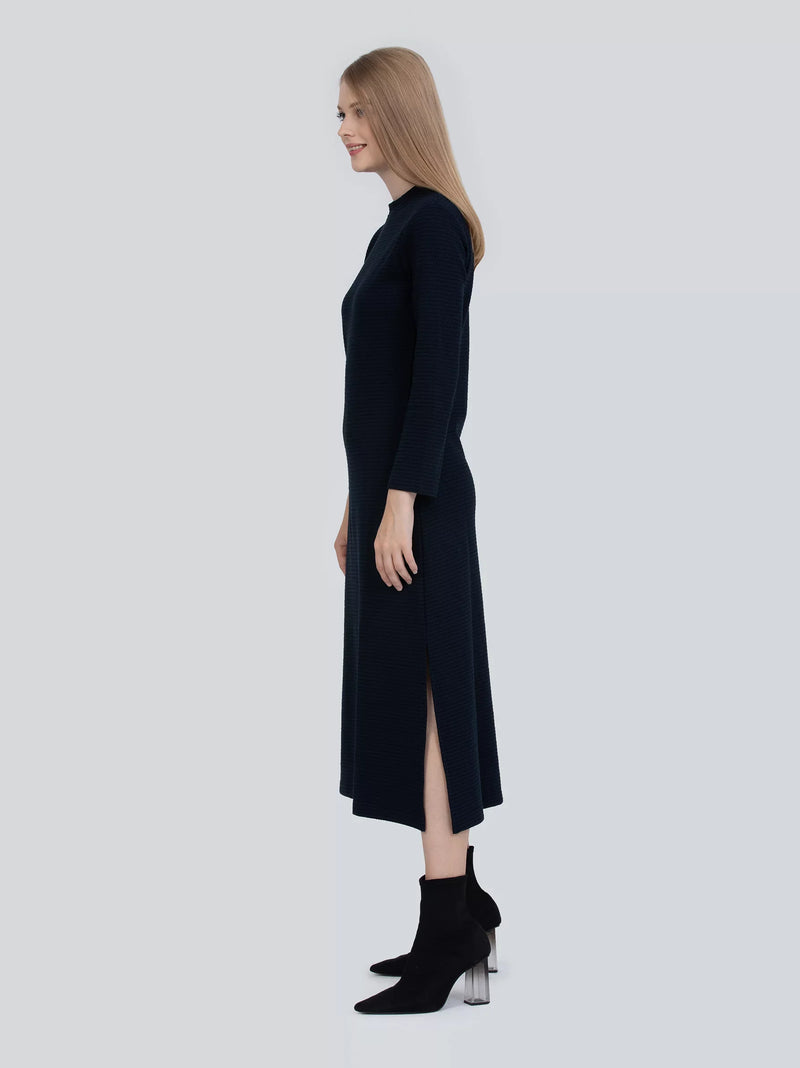 Raised Neck Navy Blue Midi Dress