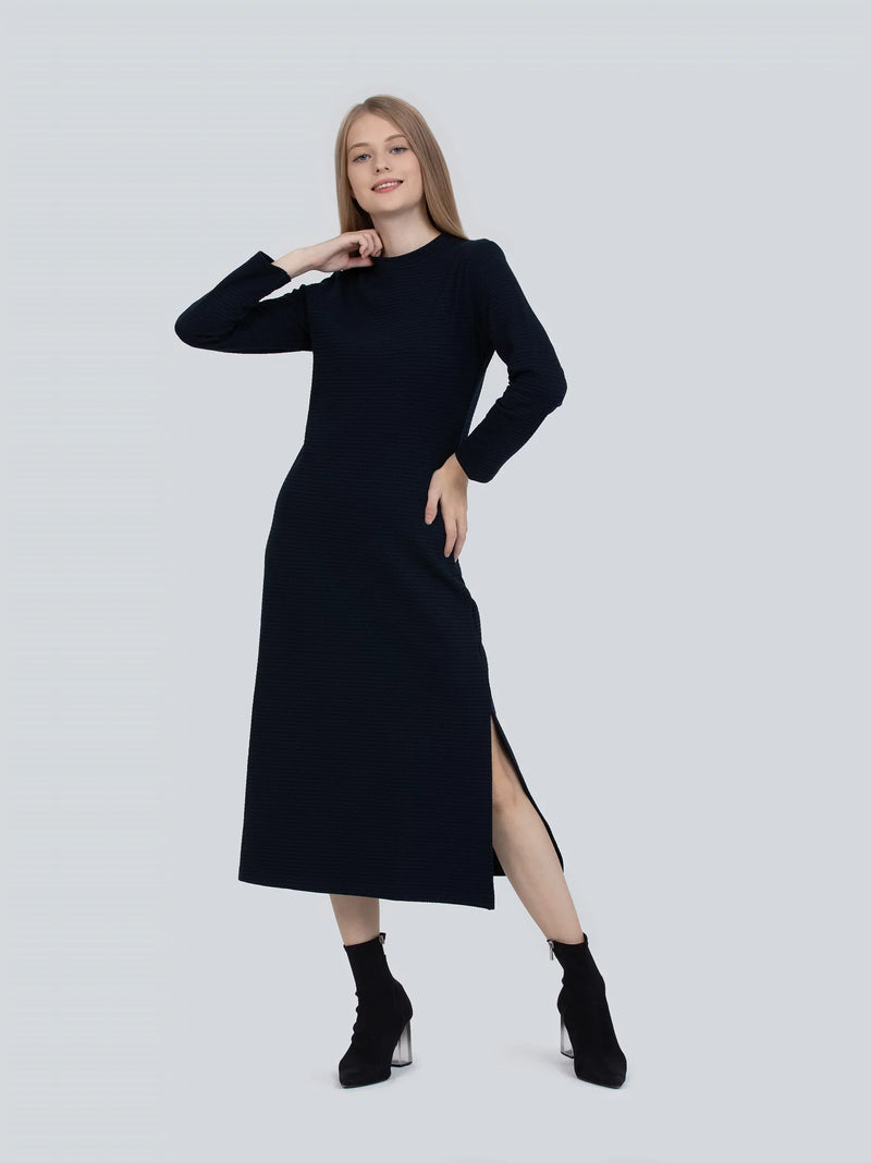 Raised Neck Navy Blue Midi Dress