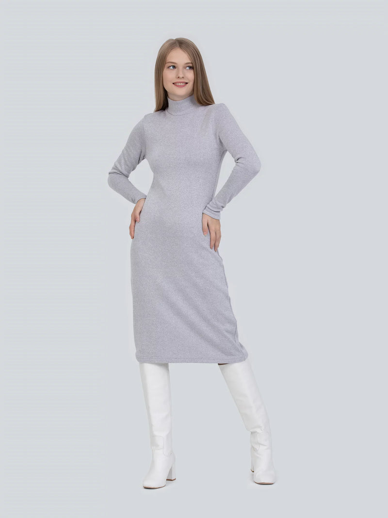 Knitted Turtle Neck Grey Midi Dress