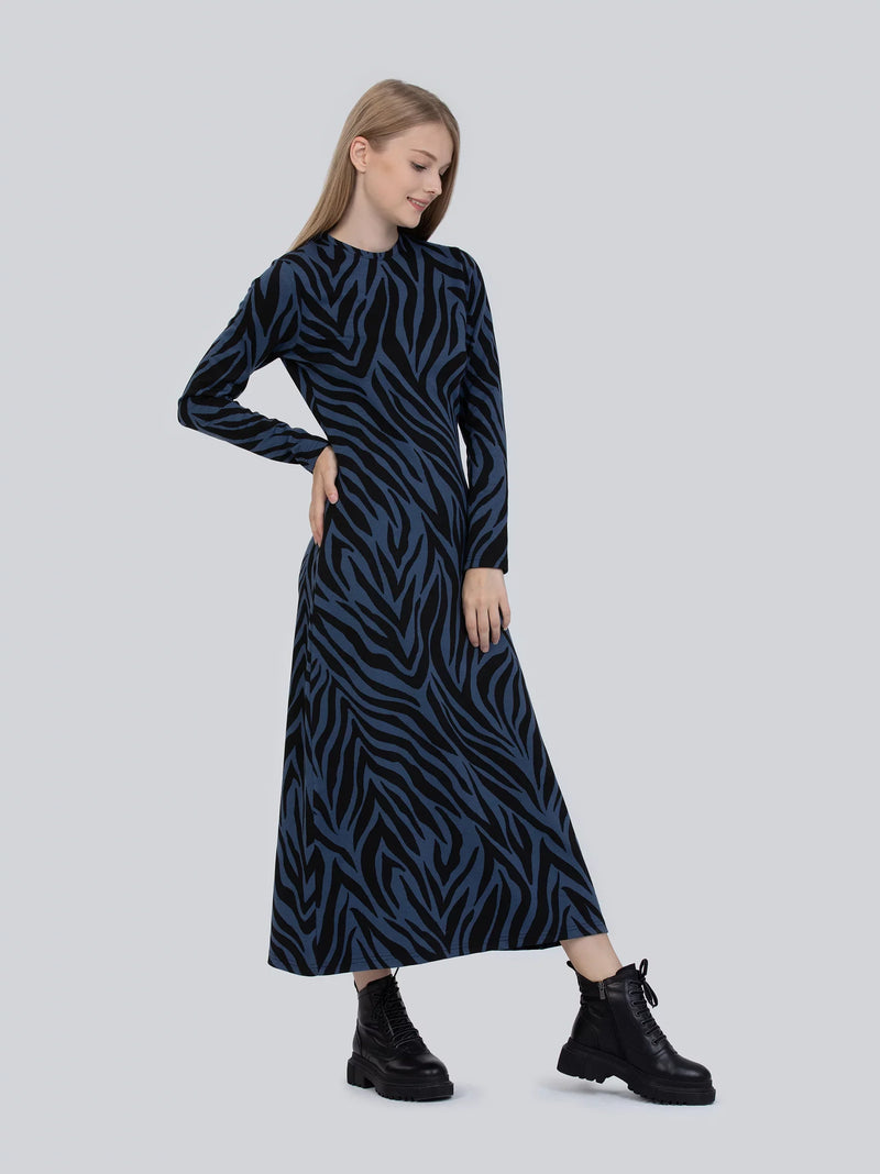 Blue and Black Knit Zebra Midi Dress