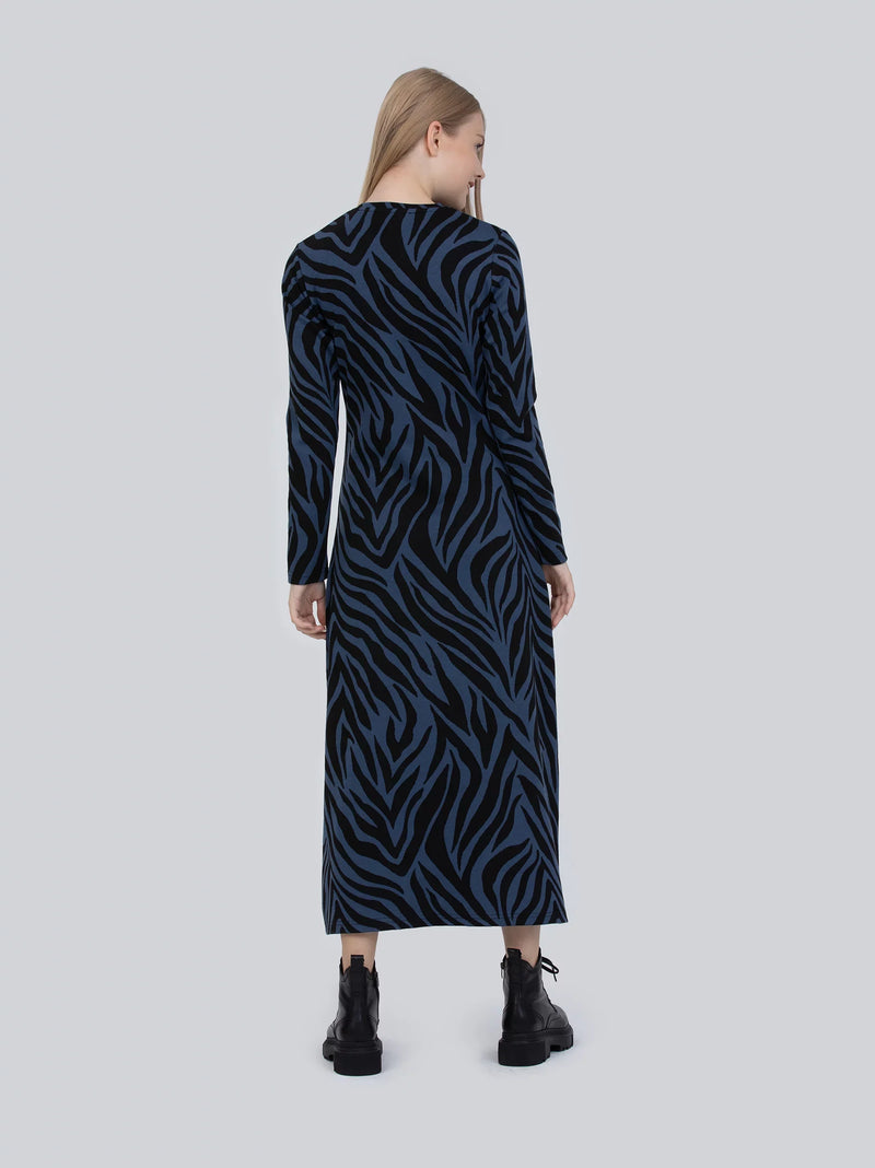 Blue and Black Knit Zebra Midi Dress