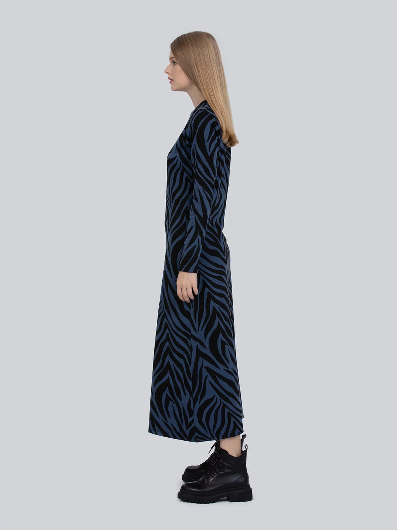 Blue and Black Knit Zebra Midi Dress