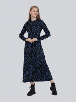 Blue and Black Knit Zebra Midi Dress