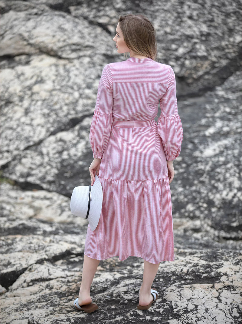 Pink Striped Flare Shirt Dress