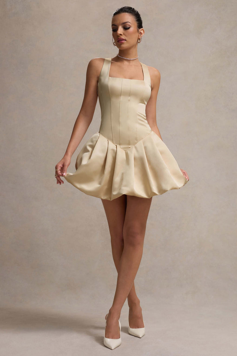 Bramble | Ivory Satin Square-Neck Puffball Mini Dress