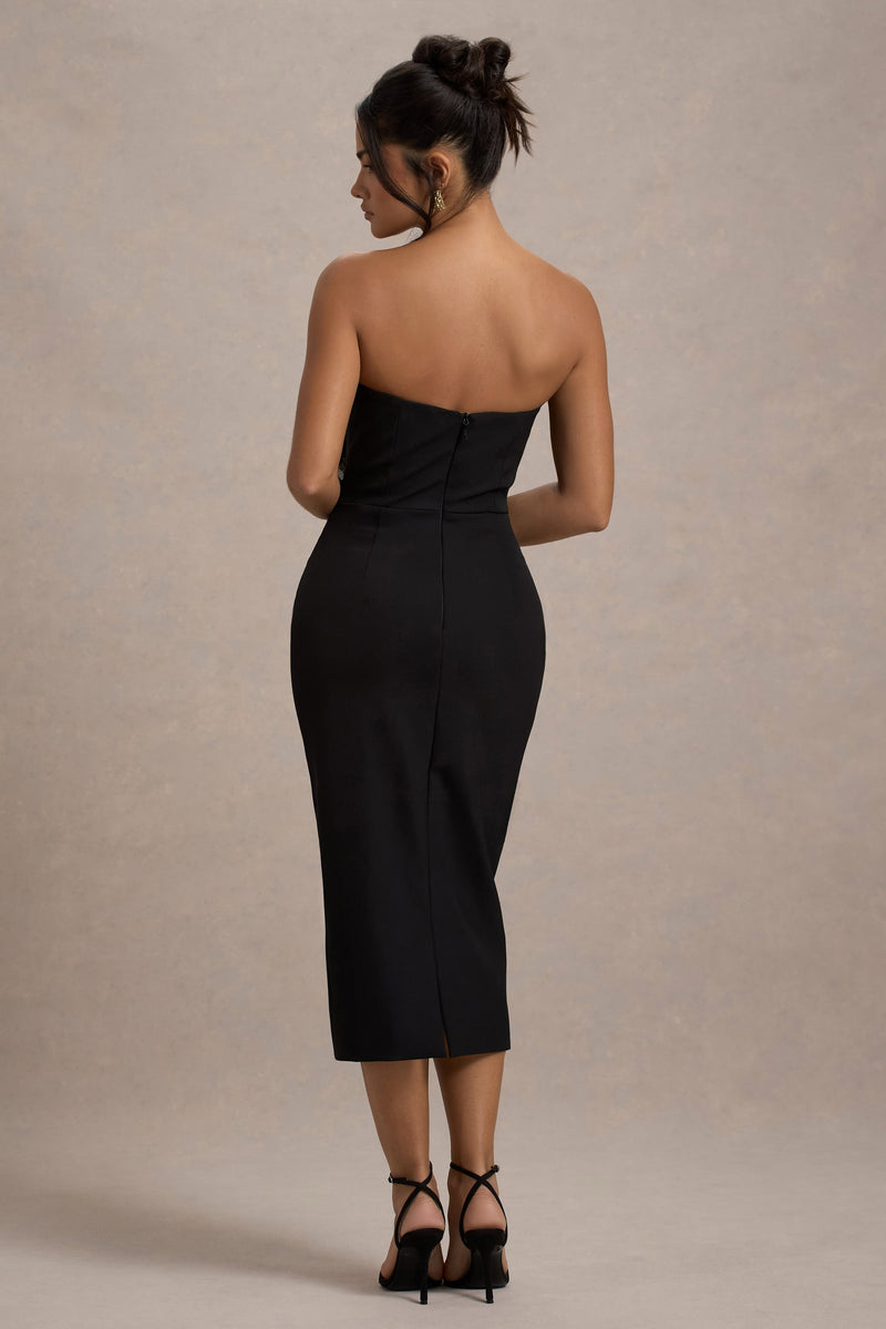 Moya | Black & Gold Bodycon Midi Dress With Corsage Detail