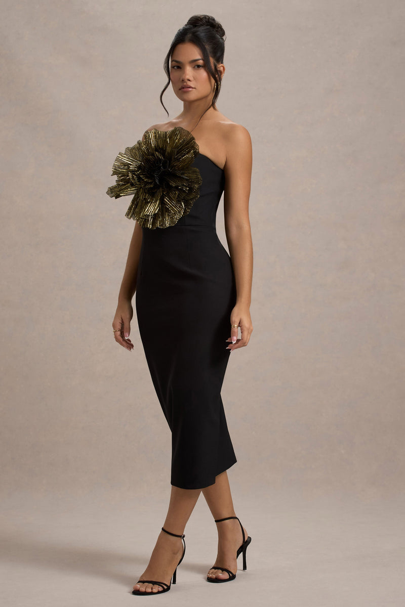 Moya | Black & Gold Bodycon Midi Dress With Corsage Detail