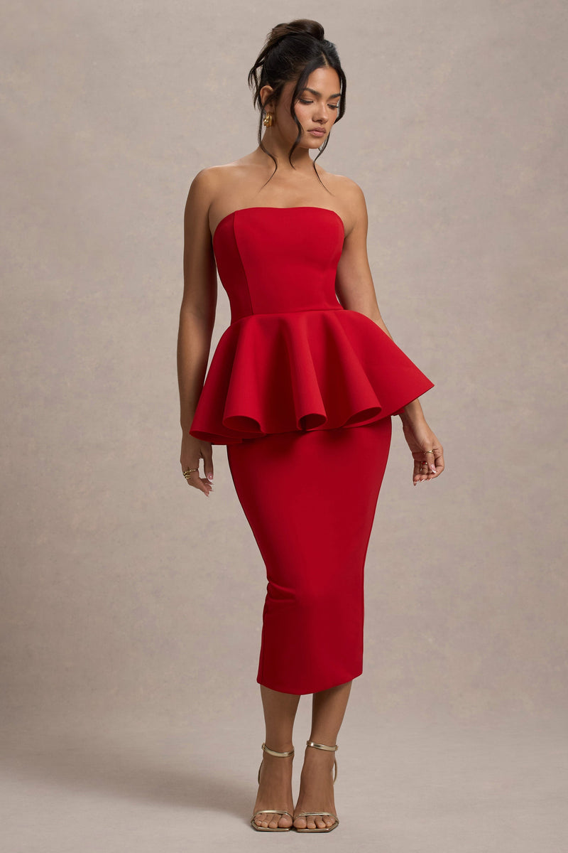 First Dance | Red Bandeau Peplum Midi Dress