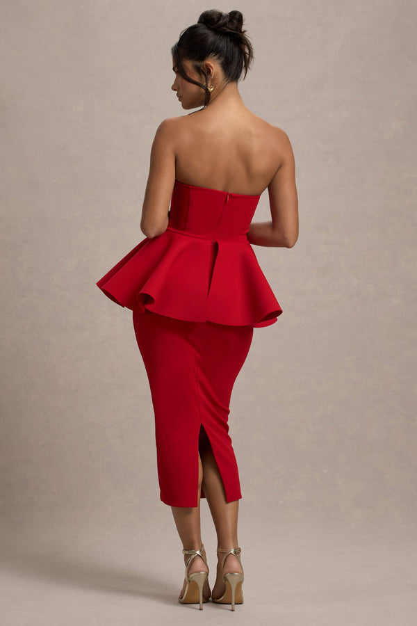 First Dance | Red Bandeau Peplum Midi Dress