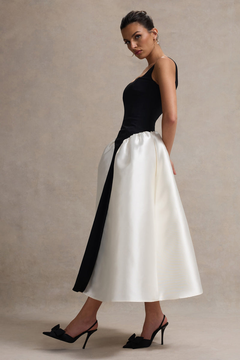 Christie | Black and Cream Scoop-Neck Midi Dress With Volume Skirt