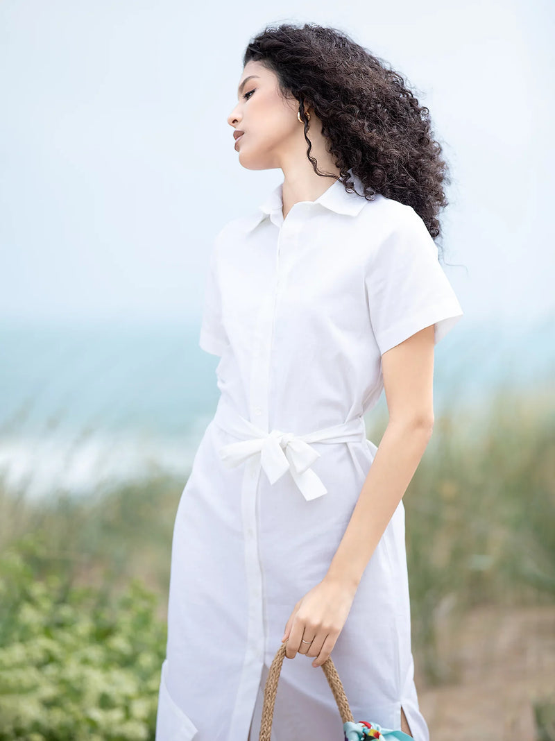 White Short Sleeve Midi Shirt Dress