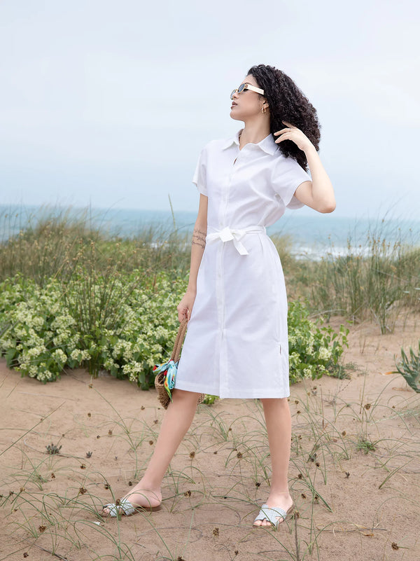 White Short Sleeve Midi Shirt Dress