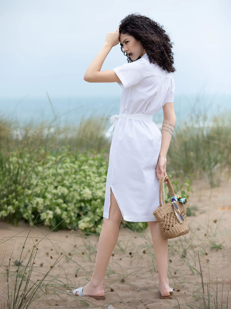 White Short Sleeve Midi Shirt Dress