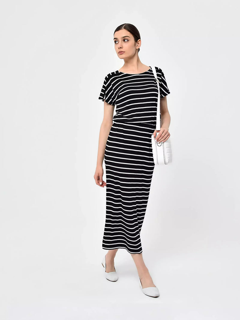 Black White Striped Elasticated Waist Dress