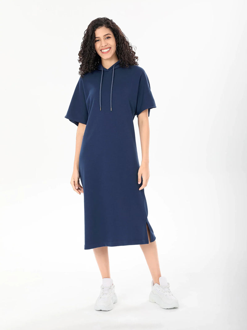 Blue Short Sleeve Midi Dress Hoodie