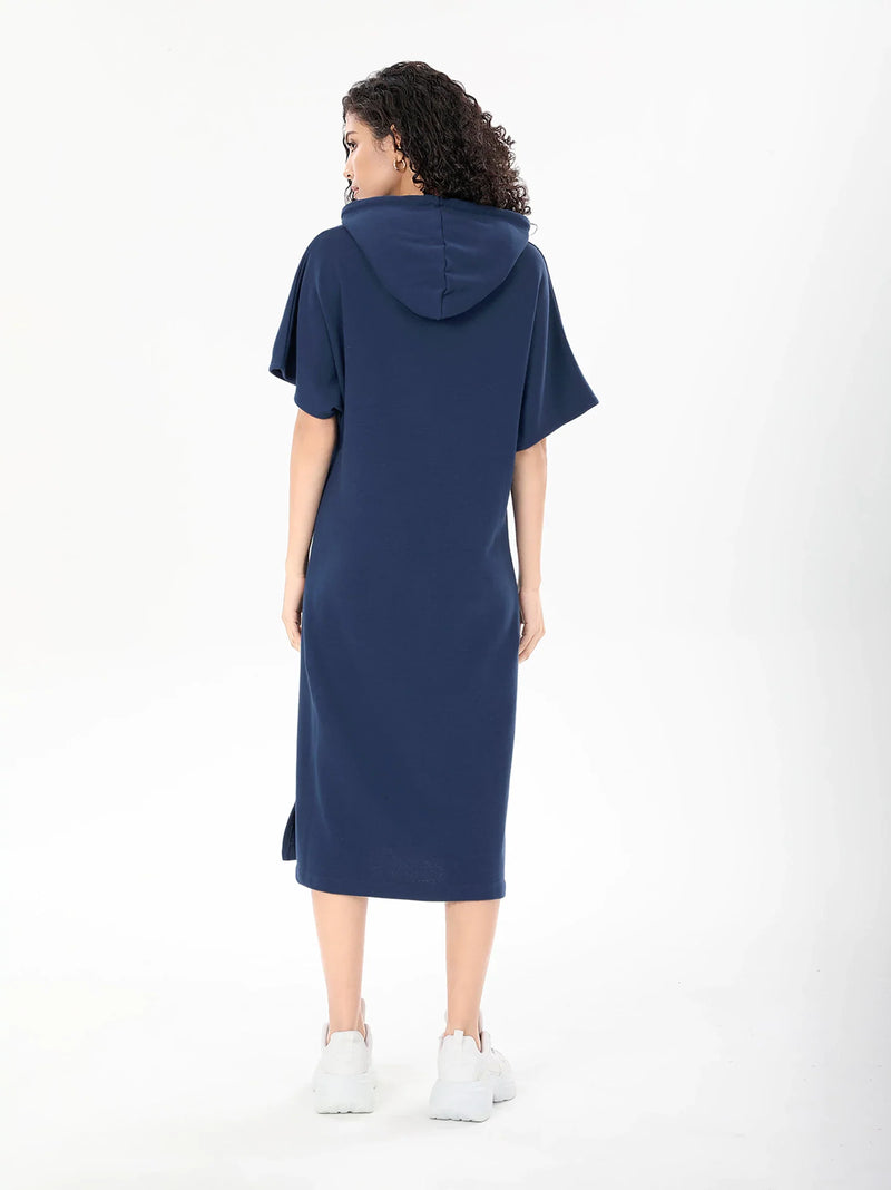 Blue Short Sleeve Midi Dress Hoodie