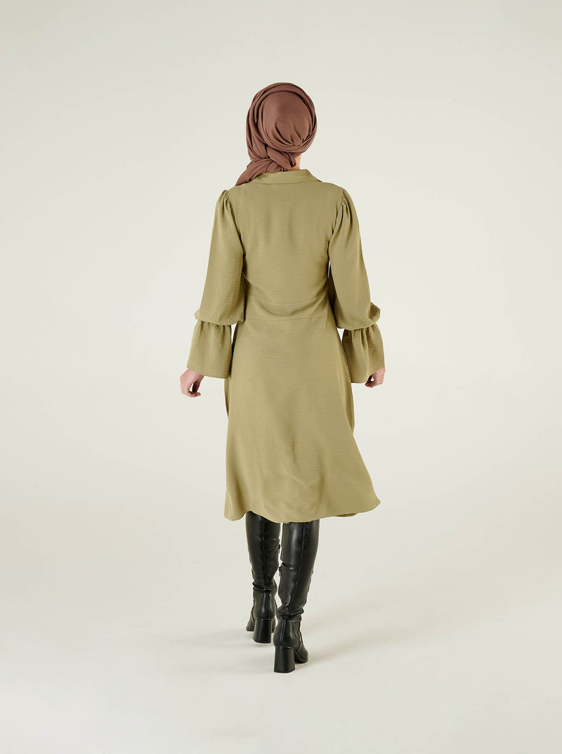 Khaki Shirt Collar Midi Dress