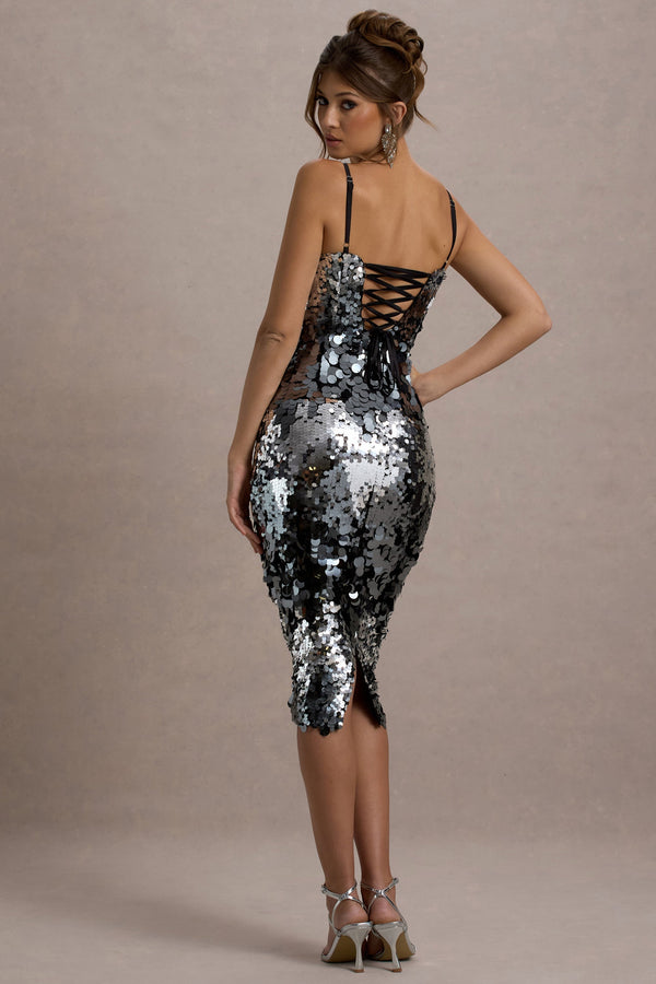 Azure | Silver Sequin Strappy Midi Dress