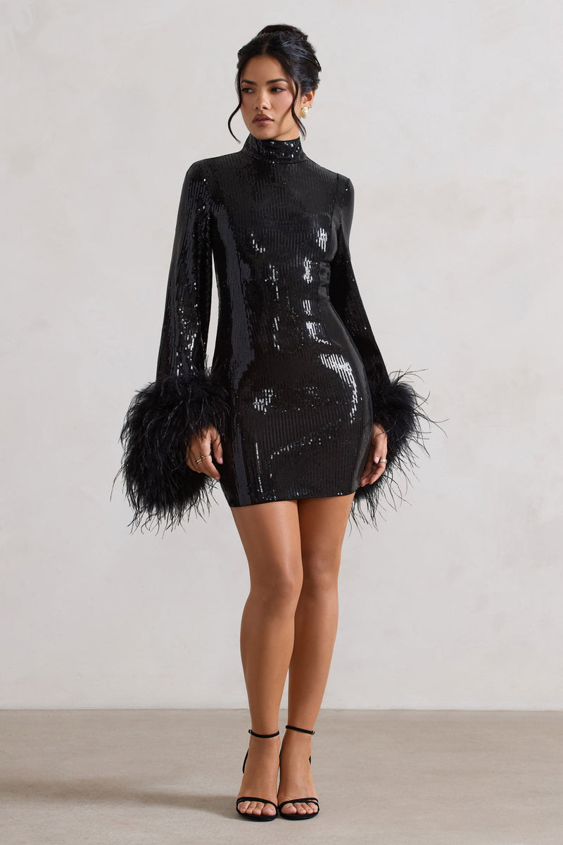 Cupid | Black Sequin High-Neck Mini Dress With Feather Cuffs