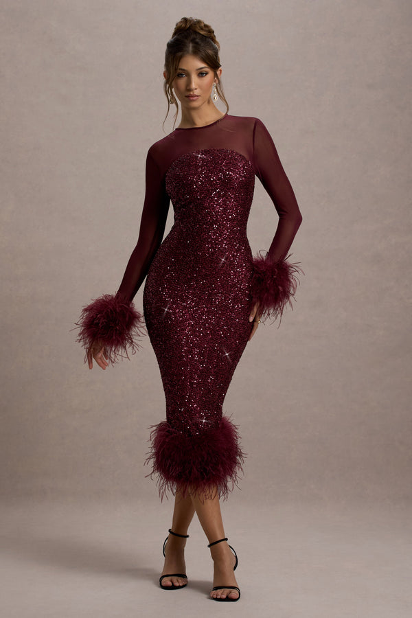 Afterglow | Port Sequin Long-Sleeve Midi Dress With Feather Trims