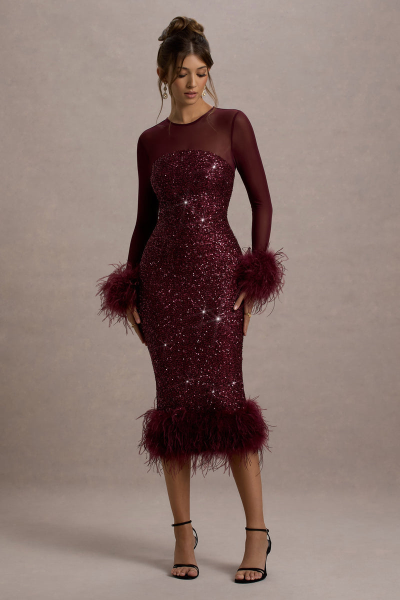 Afterglow | Port Sequin Long-Sleeve Midi Dress With Feather Trims