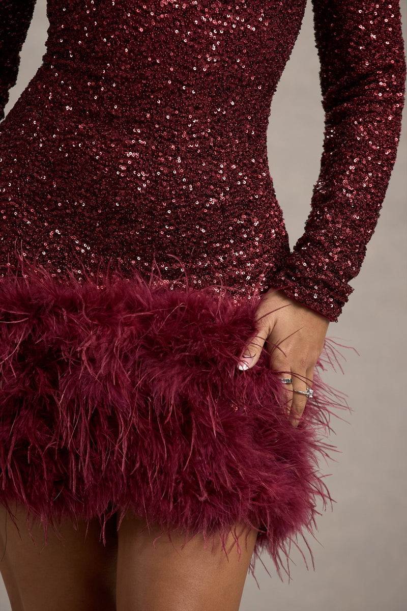 Claudia | Berry Sequin High Neck Feather Hem Mini Dress With Long Sleeves